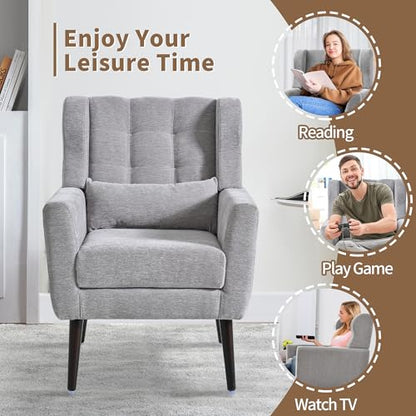 Modern Accent Chair, Upholstered Arm Chair with Waist Pillow, Single Sofa Chair for Living Room Bedroom Small Spaces (Light Gray)