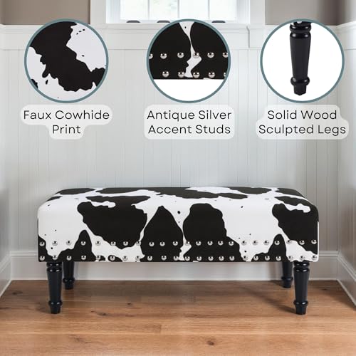Designs4Comfort Cow Print Bench Ottoman 40" - Farmhouse, Rustic Wide Upholstered Footstool & Seat, for Living Room, Bedroom, Hallway & Entryway, Black Fabric