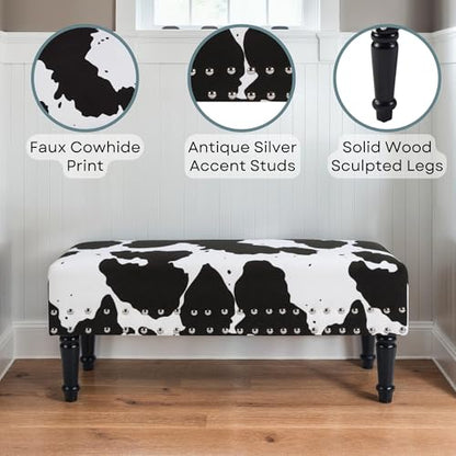 Designs4Comfort Cow Print Bench Ottoman 40" - Farmhouse, Rustic Wide Upholstered Footstool & Seat, for Living Room, Bedroom, Hallway & Entryway, Black Fabric