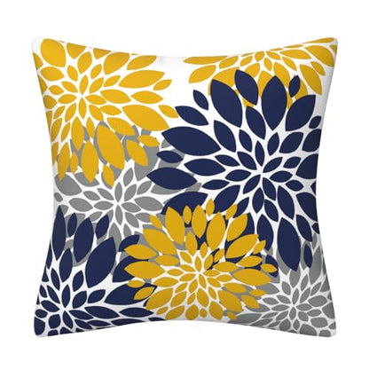 Navy Blue Yellow Grey Dahlia Floral Throw Pillows Farmhouse Decorative Throw Pillow Case Indoor Outdoor Cushion Cover Winter Pillowcase for Couch Living Room Bedroom 18 x 18 Inch Set of 2
