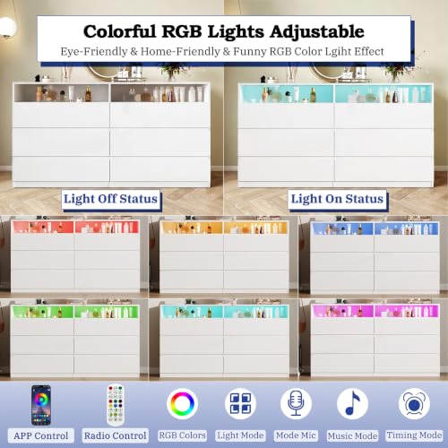 Premium 6 Drawers 2 Shelves 47"L White Dresser for Bedroom with RGB Lights, view 5