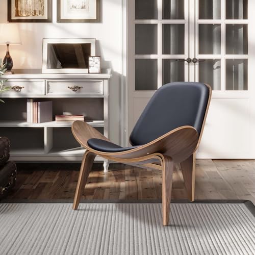 Furgle Mid Century Modern Shell Lounge Chair, PU Leather, Tripod Plywood Classic Design Solid Wood Accent Chairs for Living Room, Reading, Lounge, Office, Salon(Walnut)