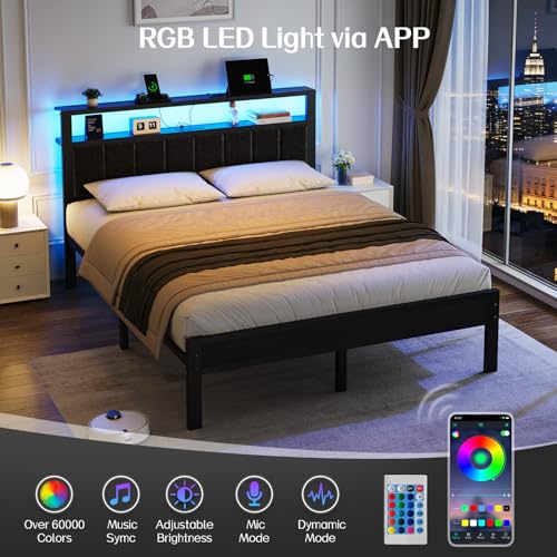 Queen Size Bed Frame with LED Lights & Charging Station, view 6