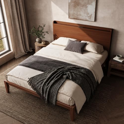 Bamboo Wood Queen Bed Frame with Charging Station & Headboard, view 4