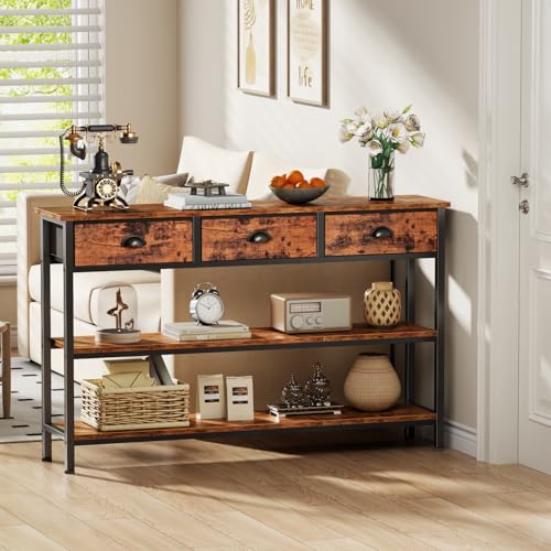 47" Console Table with 3 Drawers, 3-Tier Sofa Table for Behind Couch with Open Wooden Shelves, Industrial Display Shelf for Hallway,Entry Way, Living Room, Kitchen, Foyer, Rustic Brown