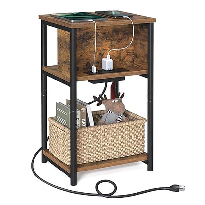 VASAGLE Side Table with Charging Station, 3-Tier End Table with USB Ports and Outlets, Nightstand for Living Room, Bedroom, 11.8 x 13.4 x 22.8 Inches, Plug-in Series, Rustic Brown and Black
