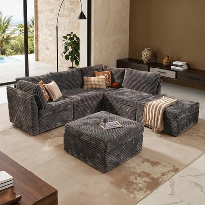 6-Pieces Modular Sectional Corduroy Sofa Set, U Shaped Couch Reversible Chaise Modular Sectional Couch, 125 inch Width, 6 Seat Modular Sofa with Ottoman, Gray