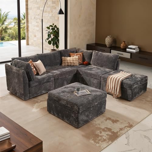 6-Pieces Modular Sectional Corduroy Sofa Set, U Shaped Couch Reversible Chaise Modular Sectional Couch, 125 inch Width, 6 Seat Modular Sofa with Ottoman, Gray