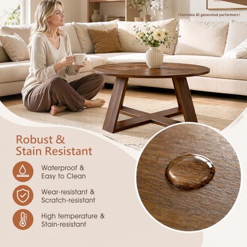 Round Coffee Table for Living Room, Circle Modern Coffee Table with Open Storage & Cross Base, Walnut Wooden Grain Accent Center Table for Small Space, Office, Apartment, Rustic Brown