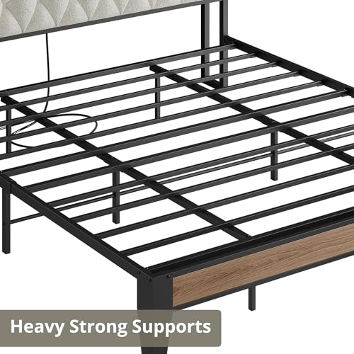 King Size Bed Frame with Headboard & Charging Station,Wood and Cream, view 7