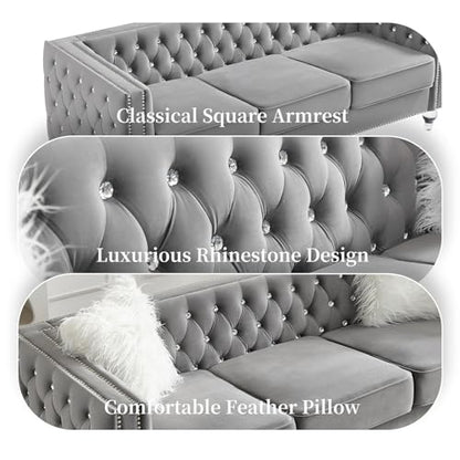 83" Chesterfield Sofa, Velvet Mid-Century Modern Upholstered Couch with 2 Throw Pillows and Acrylic Legs, Nailhead Button Tufted Vintage Sofa for Living Room, Apartment, Office, Grey