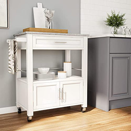 Kyler White Granite Topped Kitchen Cart with Lockable Casters and Hidden Storage Spaces