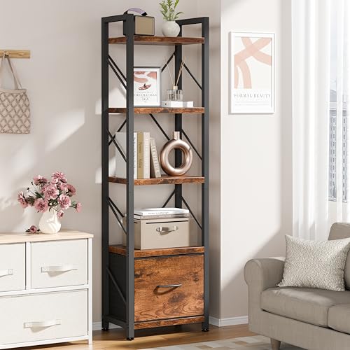 Bookshelf, 5 Tier Bookcase with Drawer, Modern Tall Bookshelves Storage Organizer, Industrial Book Shelves for Bedroom, Living Room, Office, Rustic Brown