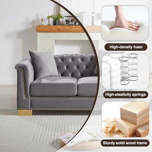 62" Chesterfield Sofa Velvet Two-Seater, Modern Classic Rolled Arm Button Tufted Sofa with Nailhead Decor, Cloud Couch Loveseat for Living Room, Apartment (Grey)