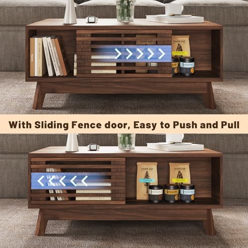 Lift Top Coffee Table, Mid Century Modern Coffee Table with Storage for Living Room, 35.4'' Walnut Coffee Tables with Sliding Fence Door (Brown)