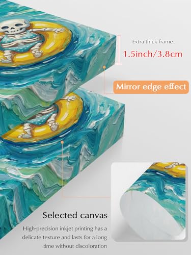 NuYeBiofx Ombre Blue Ocean Funny Skeleton Canvas Wall Art Prints,40"x28" Framed Picture Artwork Abstract Oil Painting Printed Canvas Oil Painting for Living Room Bedroom Office,Ready to Hang