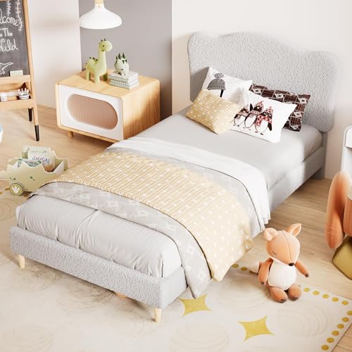 Upholstered Twin Size Bed Frame with Scallop Headboard, Cute Velvet Twin Bed for Girls or Boys, Sturdy Platform Bed with Wooden Slats, No Box Spring Needed, Grey