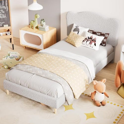 Upholstered Twin Size Bed Frame with Scallop Headboard, Cute Velvet Twin Bed for Girls or Boys, Sturdy Platform Bed with Wooden Slats, No Box Spring Needed, Grey