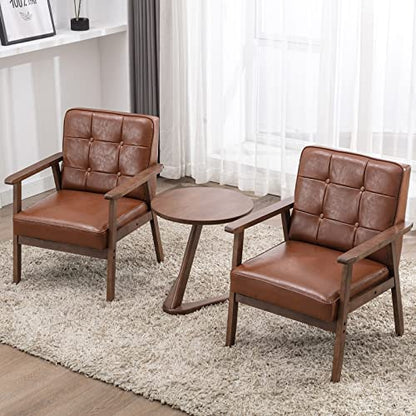 Accent Chairs Set of 2 with Side Table, Mid Century Modern Accent Chair, Retro Wood and Leather Armchairs Side Chair, Lounge Reading Comfy Armchair for Living Room, Bedroom, Office（Brown