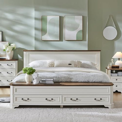 Farmhouse King Bed with Headboard and Storage Bench, Antique White, view 4