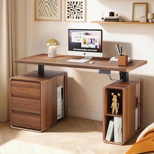 Electric Standing Desk with Drawers, 55" Office Desk Height Adjustable Executive Desk with Storage Shelves, Simple Setup Wood Desk Home Office Stand up Desk for Work, Study, Writing, Walnut