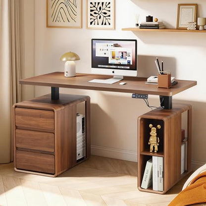Electric Standing Desk with Drawers, 55" Office Desk Height Adjustable Executive Desk with Storage Shelves, Simple Setup Wood Desk Home Office Stand up Desk for Work, Study, Writing, Walnut