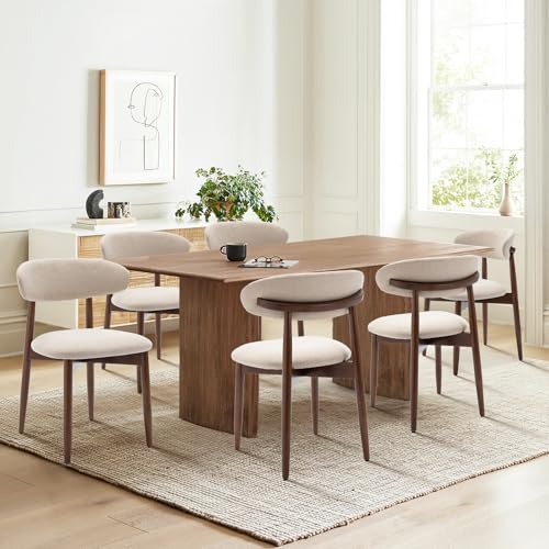 Wooden Dining Chairs Set of 6, Modern Upholstered Fabric Dining Room Chair, Farmhouse Kitchen Side Chairs with Foot Pegs, Beige