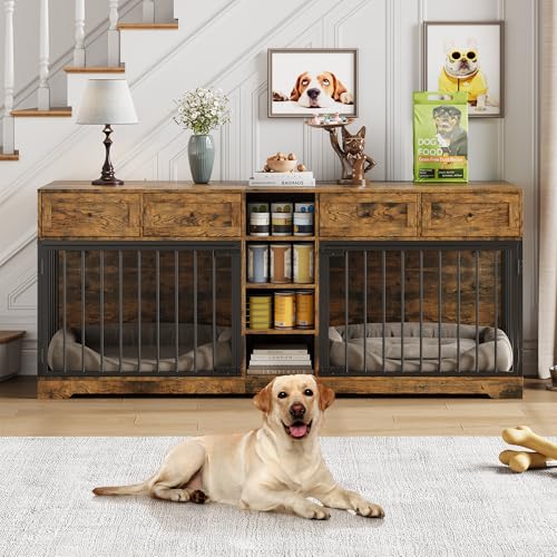 82" Double Dog Crate Furniture with Drawers and Shelves, Brown, view 2
