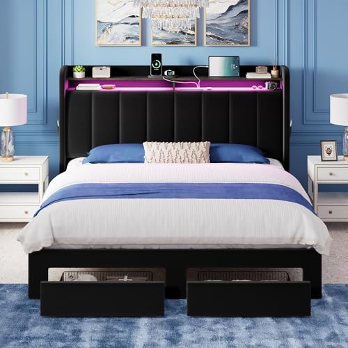 Queen Bed Frame with 2-Tier Storage Headboard & 2 Large Drawers, view 4