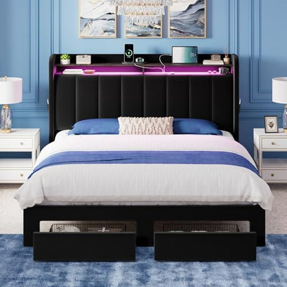 Queen Bed Frame with 2-Tier Storage Headboard & 2 Large Drawers, view 4