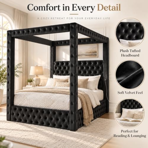 Black Queen Size Canopy Bed Frame with Velvet Upholstered Headboard, view 7