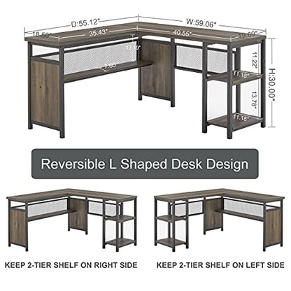 L Shaped Desk, Industrial Reversible Home Office Computer Desk with Wood Shelves, view 4