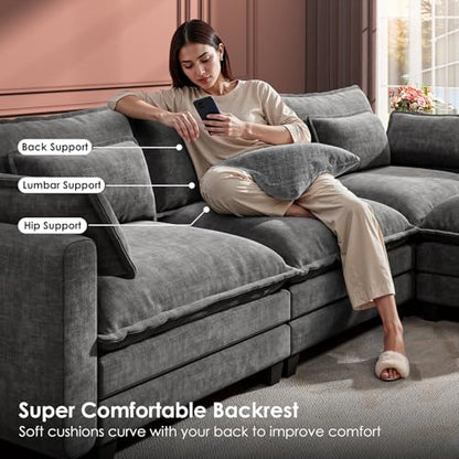 Modular Sectional Sofa 110.6" U-Shaped Modern Comfy Cloud Couch, 5-Seat Chenille Deep Seat Sofa with Throw Pillow & Movable Ottoman for Living Room, Bedroom and Apartment, Slate Gray