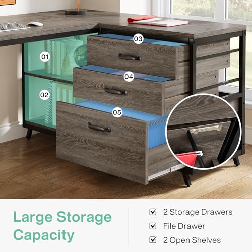 Tribesigns 53" L Shaped Office Desk, Reversible Corner Computer Desk with 3 File Drawers and 2 Storage Shelves for Home Office, Study, Gaming Room (Grey)