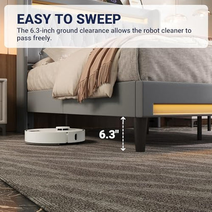 Queen Size Upholstered Bed Frame with LED & Charging Station, Gray, view 7