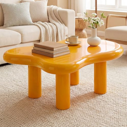 35" Modern Irregular Cloud Coffee Table Yellow Center Desk Minimalist Low Profile Tea Stand Unique Pebble Shape Sofa Side Table for Living Room Bedroom Office Apartment Furniture