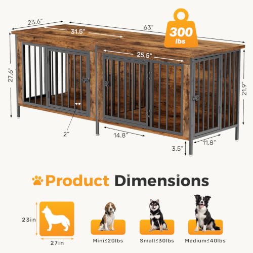 63" Double Dog Crate Furniture for 2 Dogs - Rustic Brown, view 7