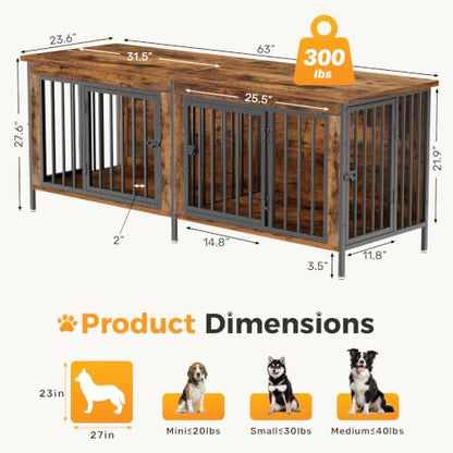 63" Double Dog Crate Furniture for 2 Dogs - Rustic Brown, view 7