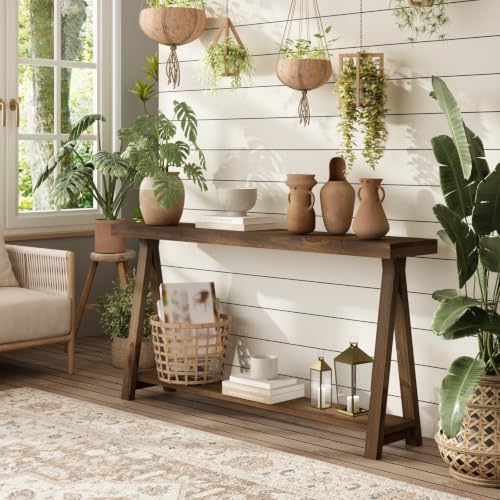 63" Solid Wood Farmhouse Console Table for Living Room, Natural | Rustic Hallway Stand for Entryway, 2-Tier Sofa Storage Unit