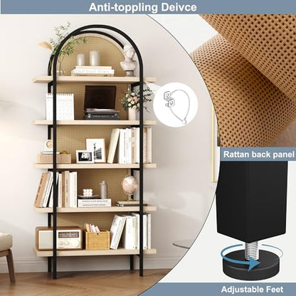 Bookshelf Rattan 5 Tier Arched Bookcase, 74" Tall Industrial Open Book Shelves for Living Room, Modern Freestanding Display Shelving Boho Storage Rack with Metal Frame for Office, Brown