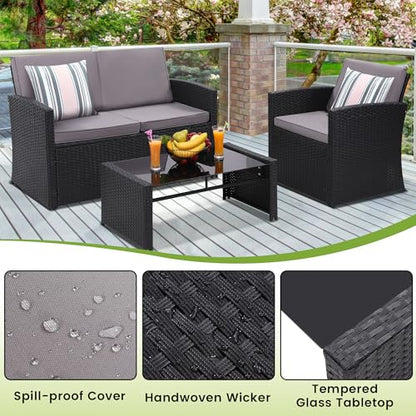 4-Piece Patio Furniture Set, Wicker Outdoor Rattan Sectional Sofa with Cushions and Glass Table, All-Weather Outdoor Conversation Set for Garden, Porch, Backyard, Patio, Black and Grey