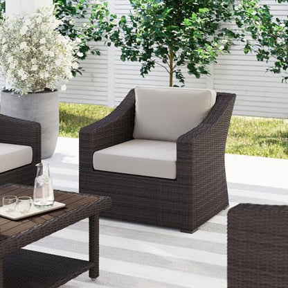 Bedford Indoor-Outdoor Patio Accent Chair with Rattan Wicker Finish in Brown with Tan All-Weather Cushions
