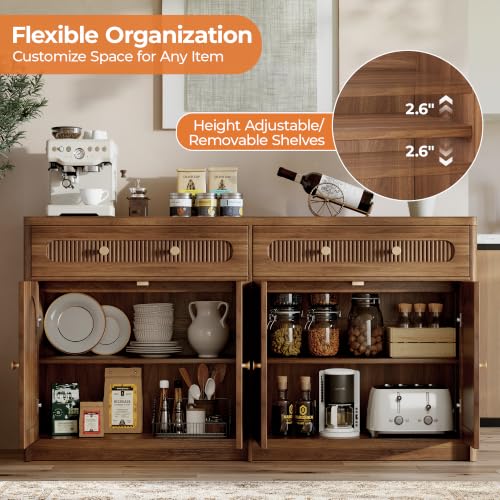 59"W Arched and Fluted Sideboard Buffet Cabinet with Storage, Walnut, view 4