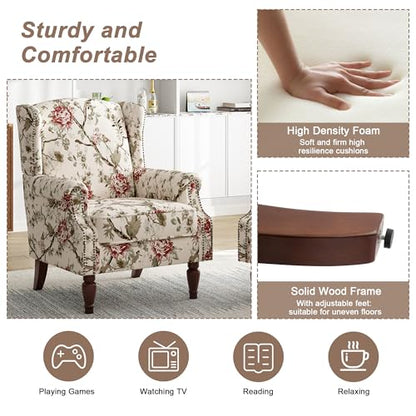 High Back Floral Accent Chair - Retro Wingback Upholstered Armchair with Nailhead Trim, Solid Wood Legs, Fabric Living Room Bedroom Reading Chair (Flower Beige)