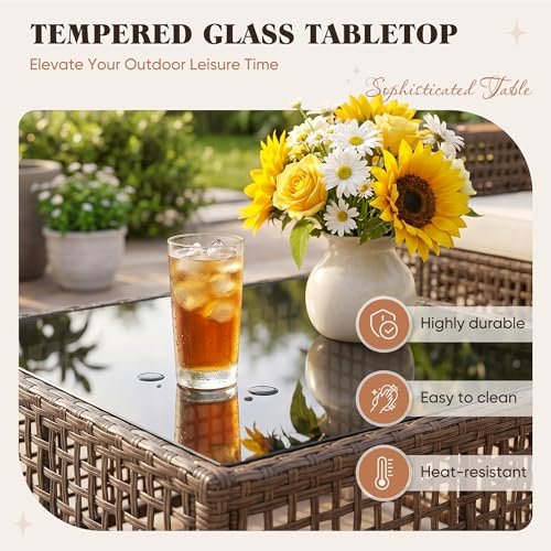 Patio Furniture Set,6 Pieces Outdoor Sectional Sofa with Cup Holder and 7.87in Wider Armrest, PE Wicker Backyard Couch Set with Coffee Table&Glass Tabletop for Deck, Porch（6 pcs）
