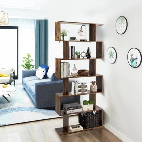 6-Tier Geometric Bookcase, Modern S-Shaped Storage Display Bookshelf for Living Room, Anti-Toppling Device, Home Office Wooden 6 Shelf Open Bookcase (1, Coffee)