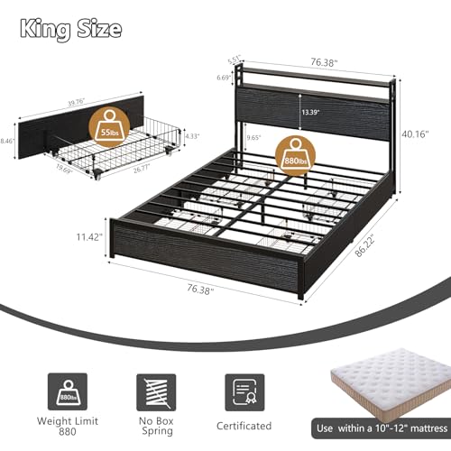 Metal Bed Frame King with 4 Drawers and Storage Headboard, view 4