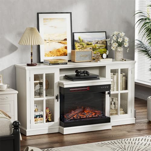 Fireplace TV Stand up to 65", 3-Sided Glass, Distressed White, view 8