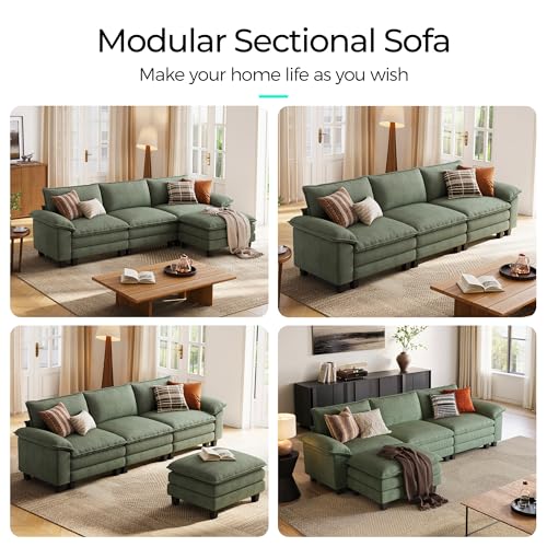 123'' Modular Sectional Sofa 3 Seat Couch Corduroy Cloud Couch with Deep Seat, Modern L-Shaped Cloud Couch with 1 Movable Ottoman for Living Room, Office, Bedroom, Green