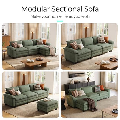 123'' Modular Sectional Sofa 3 Seat Couch Corduroy Cloud Couch with Deep Seat, Modern L-Shaped Cloud Couch with 1 Movable Ottoman for Living Room, Office, Bedroom, Green